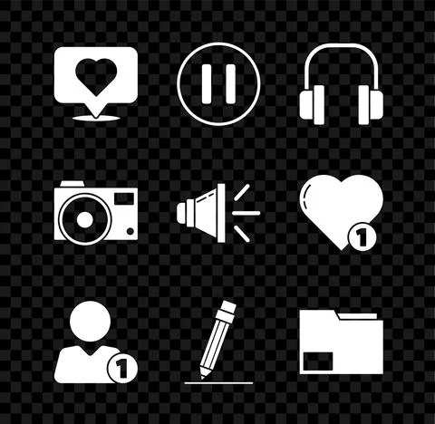 Set Like and heart, Pause button, Headphones, Add friend, Pencil with eraser イラスト素材