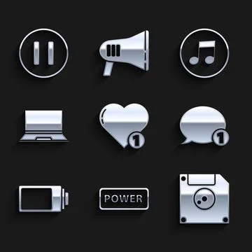 Set Like and heart, Power button, Floppy disk for computer data storage, Speech Illustrazione stock