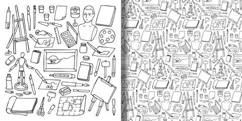 Set and seamless pattern with doodle art objects Stock Illustration