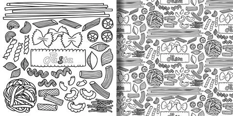 Set and seamless pattern with pasta Stock Illustration