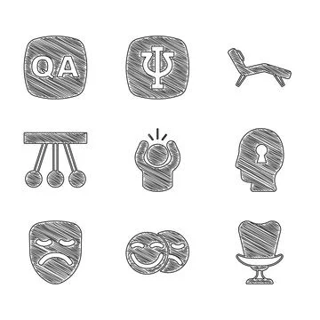 Set Anger, Comedy and tragedy masks, Armchair, Solution to the problem, Drama Stock Illustration