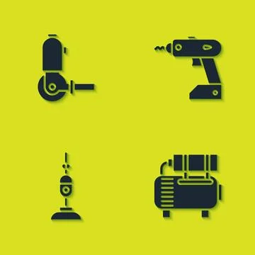 Set Angle grinder, Air compressor, Vacuum cleaner and Electric cordless screw Ilustração Stock
