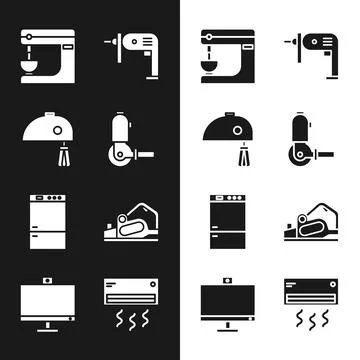 Set Angle grinder, Electric mixer, drill machine, Refrigerator and planer tool Illustrazione stock