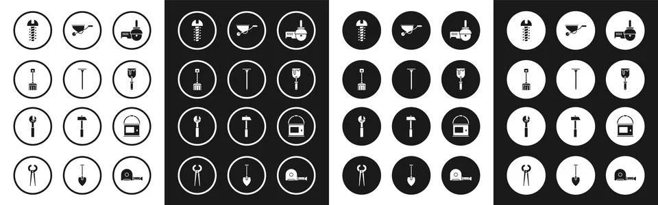 Set Angle grinder, Metallic nail, Snow shovel, screw, Putty knife, Wheelbar.. Illustration