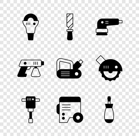 Set Angle grinder, Rasp metal file, Electric sander, Construction jackhammer Stock Illustration