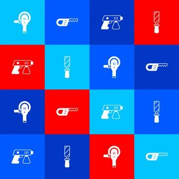 Set Angle grinder, Reciprocating saw, Paint spray gun and Rasp metal file icon Stock Illustration