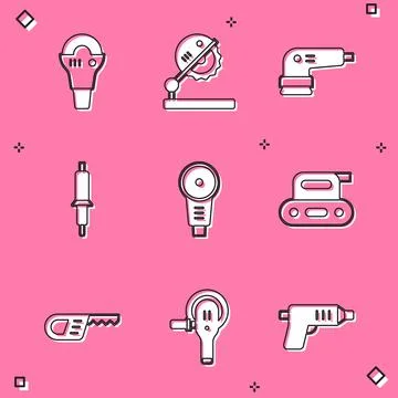 Set Angle grinder, Table saw for woodwork, Electric sander, Soldering iron Stock Illustration