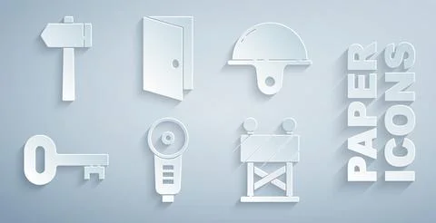 Set Angle grinder, Worker safety helmet, Old key, Road barrier, Closed door and Stock Illustration