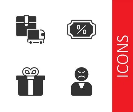 Set Angry customer, Delivery cargo truck, Gift box and Discount percent tag icon Stock Illustration
