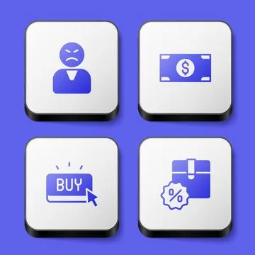 Set Angry customer, Stacks paper money cash, Buy button and Cardboard box w.. Stock Illustration