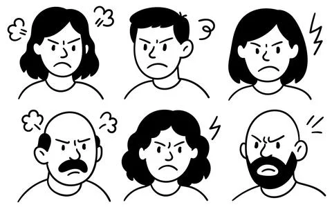Set of angry doodle faces showing frustration and rage emotions in hand dra.. Stock Illustration