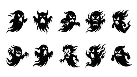 Set of angry ghost silhouettes with scary expressions. Stock Illustration
