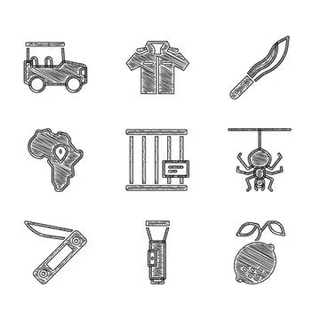 Set Animal cage, Flashlight, Lemon, Spider, Swiss army knife, Map of Africa Ilustración de archivo