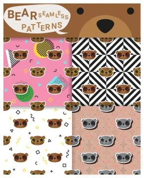 Set of animal seamless patterns with bear Stock Illustration