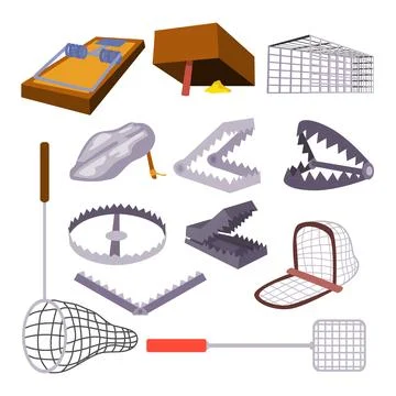 Set of animal trap set collection, various Trap for animal, Metal pitfall i.. Stock Illustration