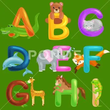 Set of animals alphabet for kids fish letters, cartoon fun abc