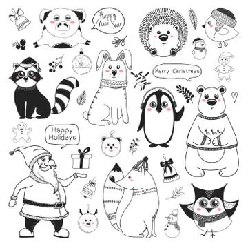 Set of animals and different christmas elements. Different greetings. Vector  Stock Illustration