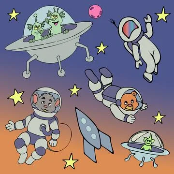 Set of animals astronauts and aliens in space Stock Illustration