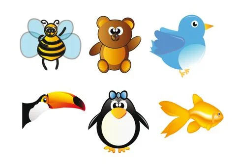 Set of animals - bee, bear, bird, toucan, penguin and fish Stock Illustration