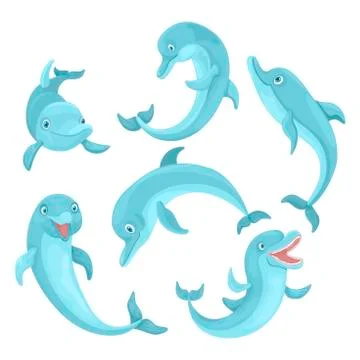 Set of animals dolphins. Vector isolated characters on white background. Stock Illustration
