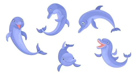 Set of animals dolphins. Vector isolated characters on white background. Stock Illustration