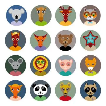 Set of animals faces circle icons set in Trendy Flat Style. zoo infographics  Stock Illustration
