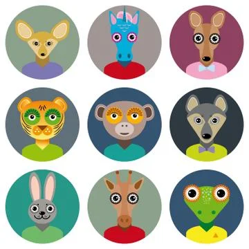 Set of animals faces circle icons set in Trendy Flat Style. zoo infographics  Stock Illustration