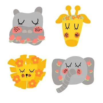 Set animals, flat style. Giraffe, hippo, elephant, giraffe Stock Illustration