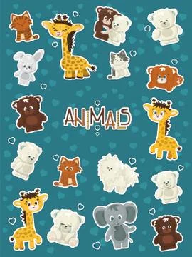 Set of Animals giraffe, elephant, rabbit, bear, grizzly, polar bear, cats, do Stock Illustration