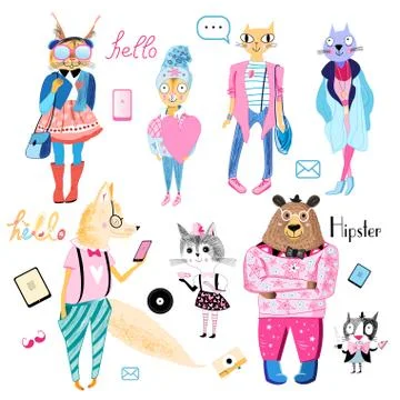 Set of animals hipsters Stock Illustration