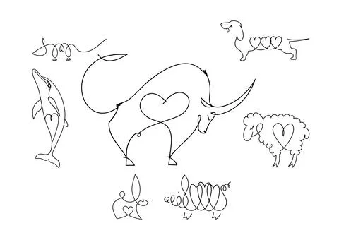 Set of animals in a linear style with a heart inside. Bull, art, dolphin, bunny Illustrazione stock