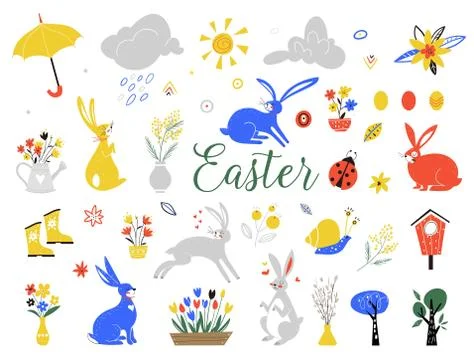 Set of animals. Spring set, hand drawn, flowers, wreaths. Easter bunny, eggs Stock-Illustration