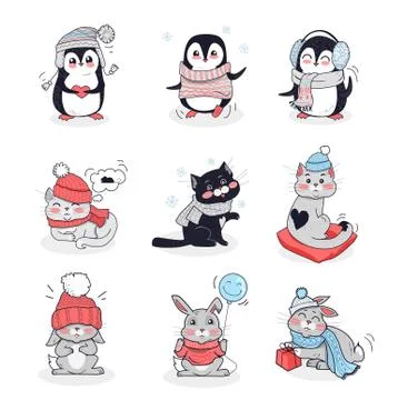 Set Animals in Warm Clothes Design Flat Stock Illustration