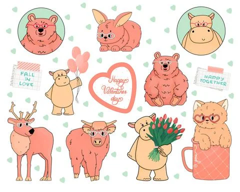 Set of animals which are ready for Valentines party. Hippo, bear, highland co Stock Illustration