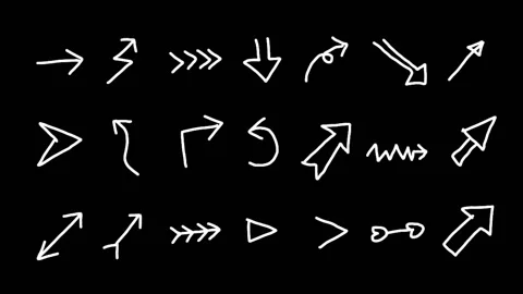 Set of animated hand drown Doodle sketch Arrow on black screen. Loop animation. Stock Footage 238764727