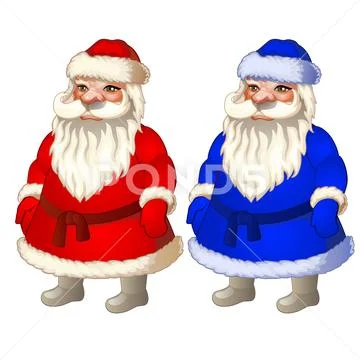 Set of animated Santa Claus in red and blue Christmas costume. Sample of the Stock Illustration