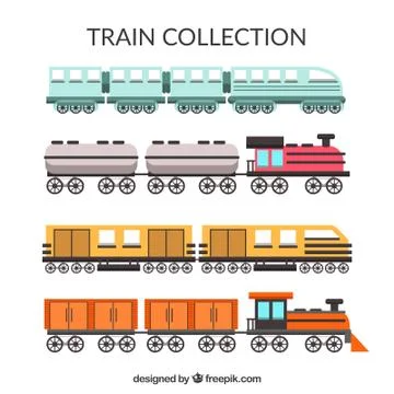 Set of animated trains with different shapes and sizes Illustration