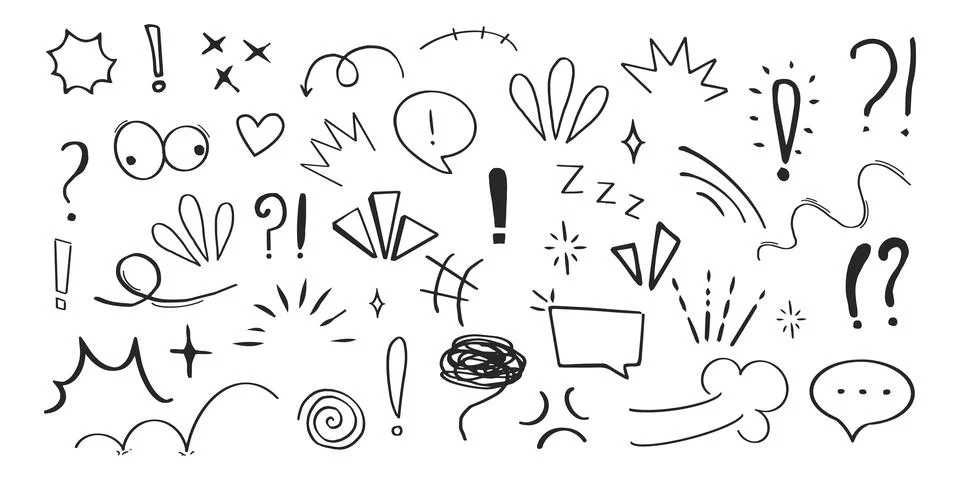 Set anime emotion effect attention elements, expressions speech bubble in comic Stock Illustration