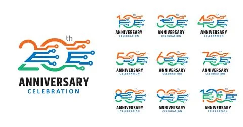 Set of anniversary design colored circuit technology number Stock Illustration