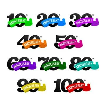 Set of anniversary emblems from 10 to 100. Numbers with ribons. Stock Illustration