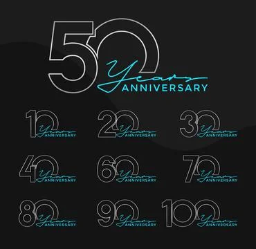 Set of Anniversary outline logotype silver and green color with black backg.. Stock Illustration