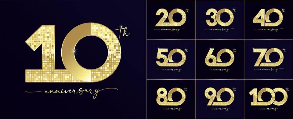 Set of anniversary pixel digits logo with golden handwriting for celebration Stock Illustration