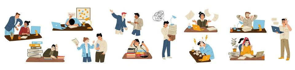 Set of annoyed people at work flat vector Stock Illustration