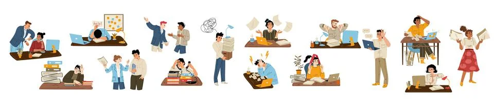 Set of annoyed people at work flat vector Stock Illustration