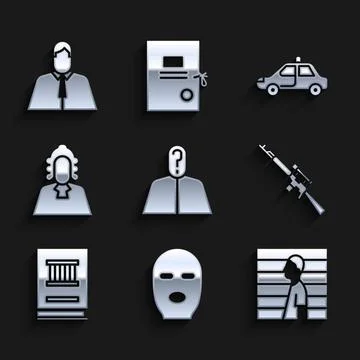 Set Anonymous with question mark, Thief mask, Suspect criminal, Sniper rifl.. Stock Illustration