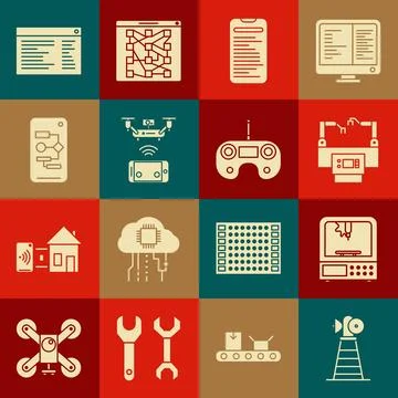 Set Antenna, 3D printer, Assembly line, Computer api interface, Remote aerial Stock Illustration