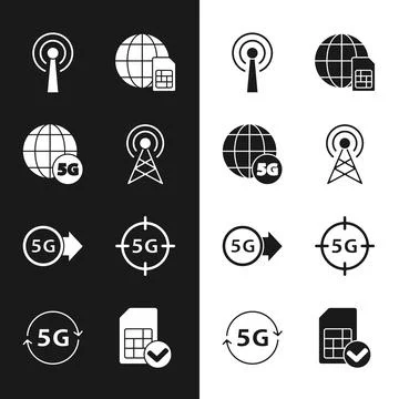 Set Antenna, 5G network, Globe Sim Card, card and  icon. Vector Stock Illustration