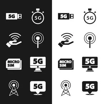 Set Antenna, 5G network, modem, Digital speed meter, Micro Sim Card, Monitor Stock Illustration
