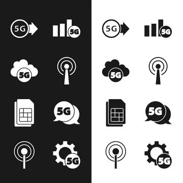 Set Antenna, Cloud 5G network, Sim card, Setting and icon. Vector Stockillustratie