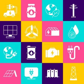 Set Antenna, Electric plug, Water energy, Earth globe and leaf, Wind turbin.. イラスト素材